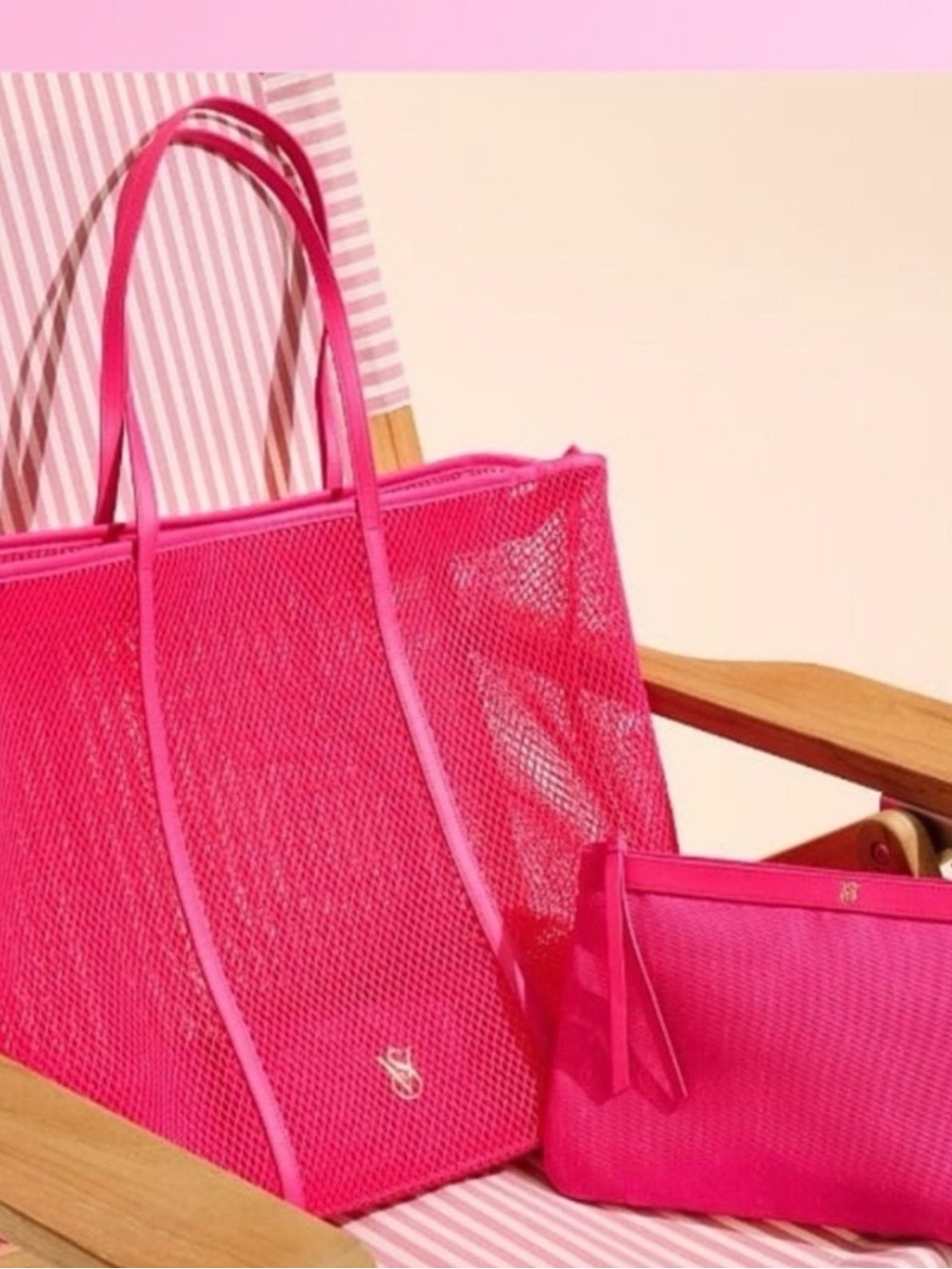 Victoria's Secret Hot Pink Mesh Tote with Matching Pouch